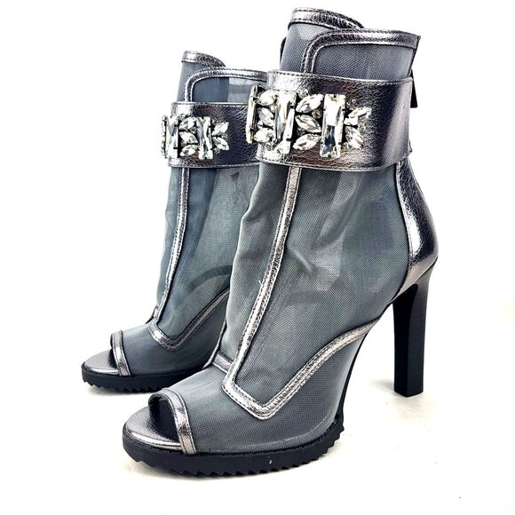 KARL LAGERFELD PARIS Silver Gem Blayze Peep Toe Ankle Pumps Stiletto Mesh Bootie - Picture 1 of 16